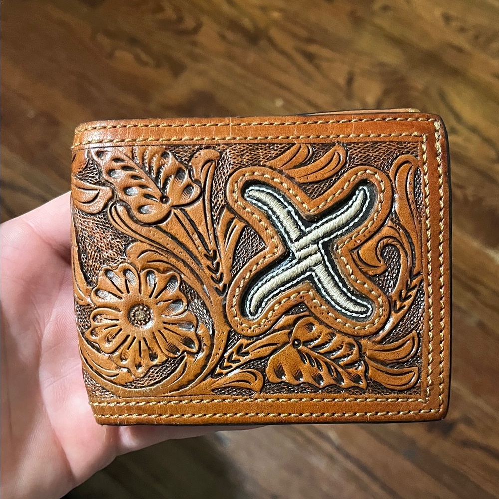 Brown Leather Wallet with Floral Design